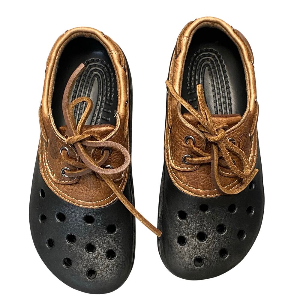 Crocs Boat Shoes Clogs Women Sz 8 Black Brown Leather Islander Pitcrew